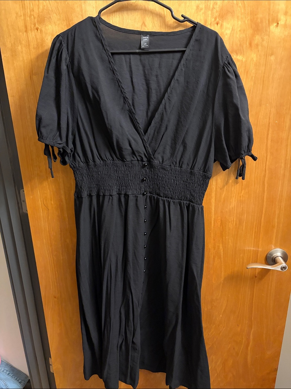SHEIN Black V-Neck Smocked-Waist Midi Dress with Puff Sleeves